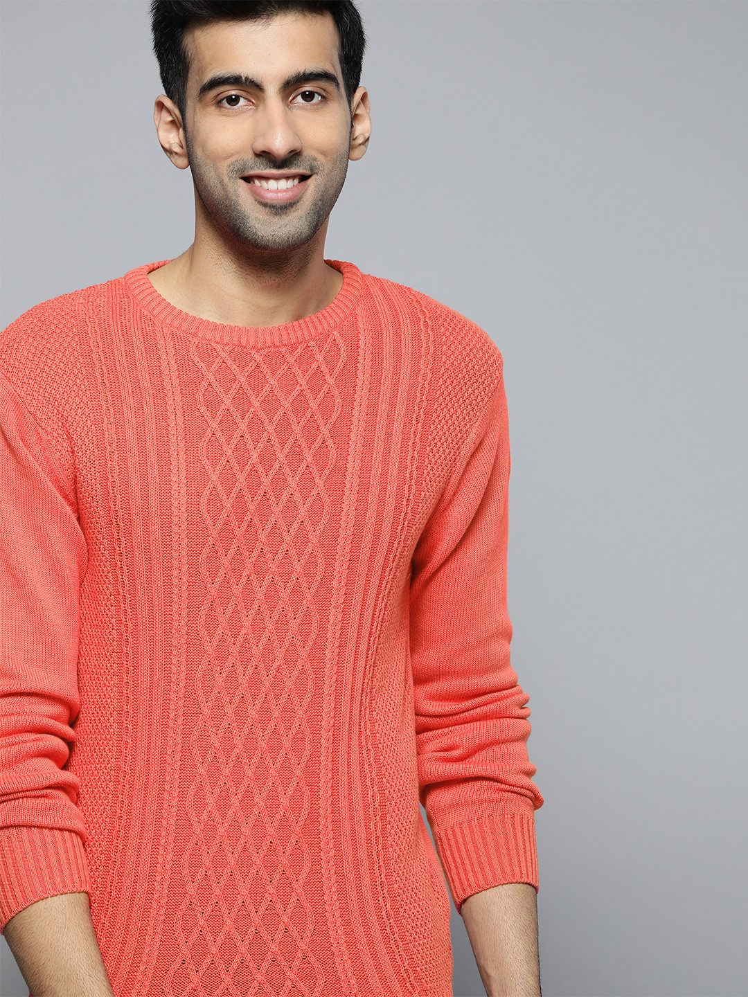 

Mast & Harbour Men Coral Pink Self Design Pullover Sweater