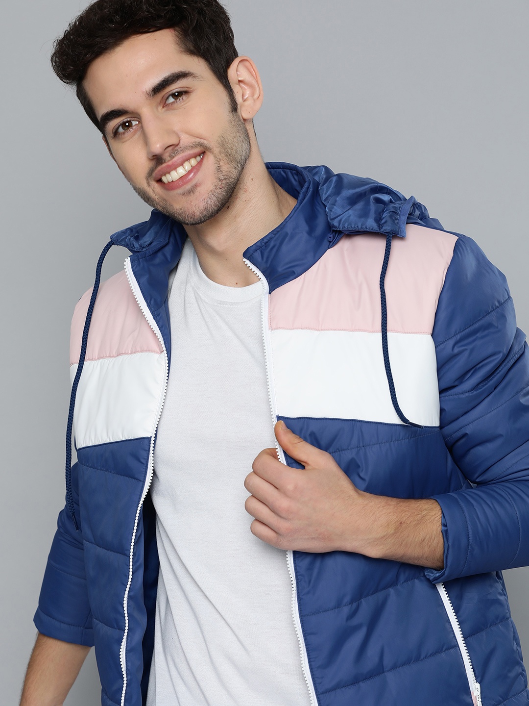 

Mast & Harbour Men Blue & White Striped Padded Jacket with Detachable Hood