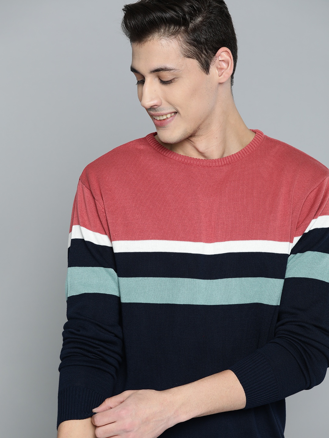 

Mast & Harbour Men Dusty Pink & Navy Striped Sweater