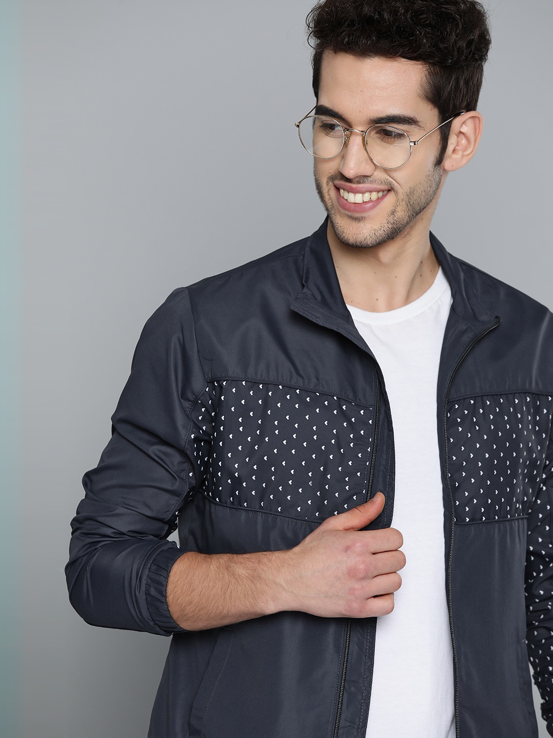 

Mast & Harbour Men Navy Blue & White Solid Lightweight Jacket