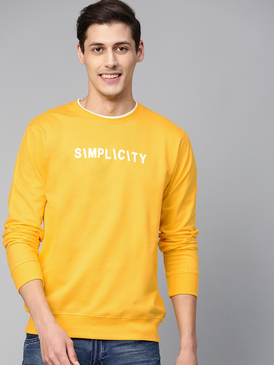 

Mast & Harbour Men Mustard Yellow Solid Sweatshirt