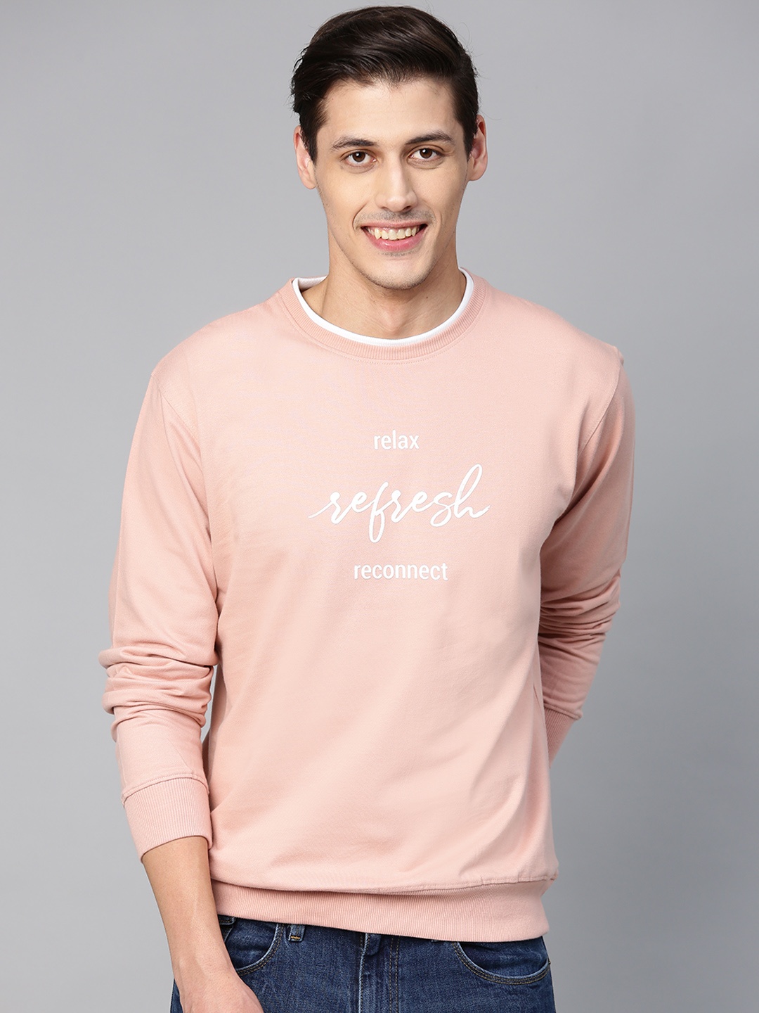 

Mast & Harbour Men Peach-Coloured Solid Sweatshirt