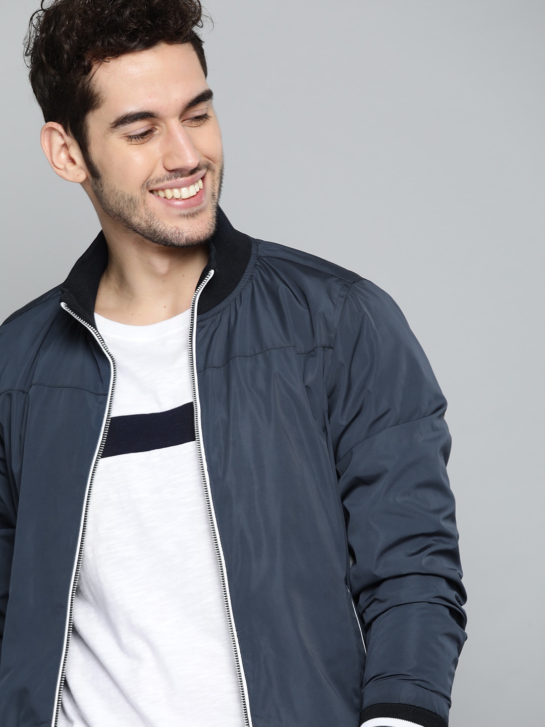 

Mast & Harbour Men Navy Blue Solid Bomber Jacket