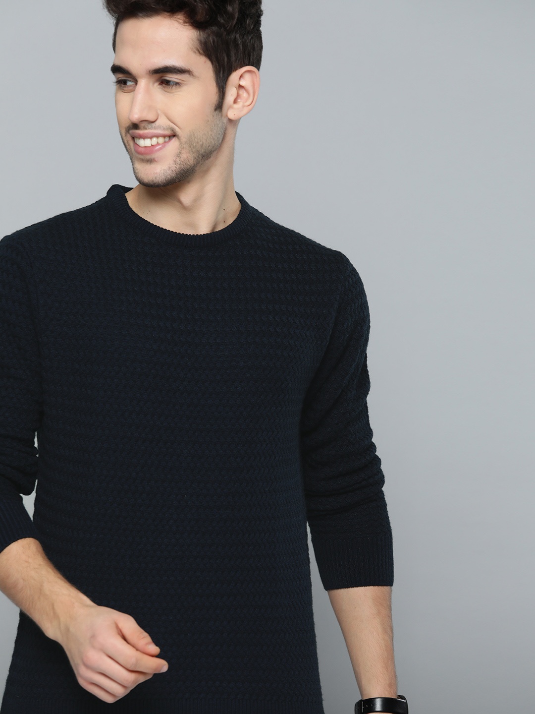 

Mast & Harbour Men Navy Blue Self Design Pullover Sweater