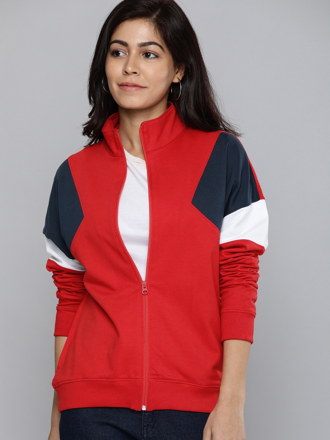 

Mast & Harbour Women Red & Navy Blue Colourblocked Sweatshirt
