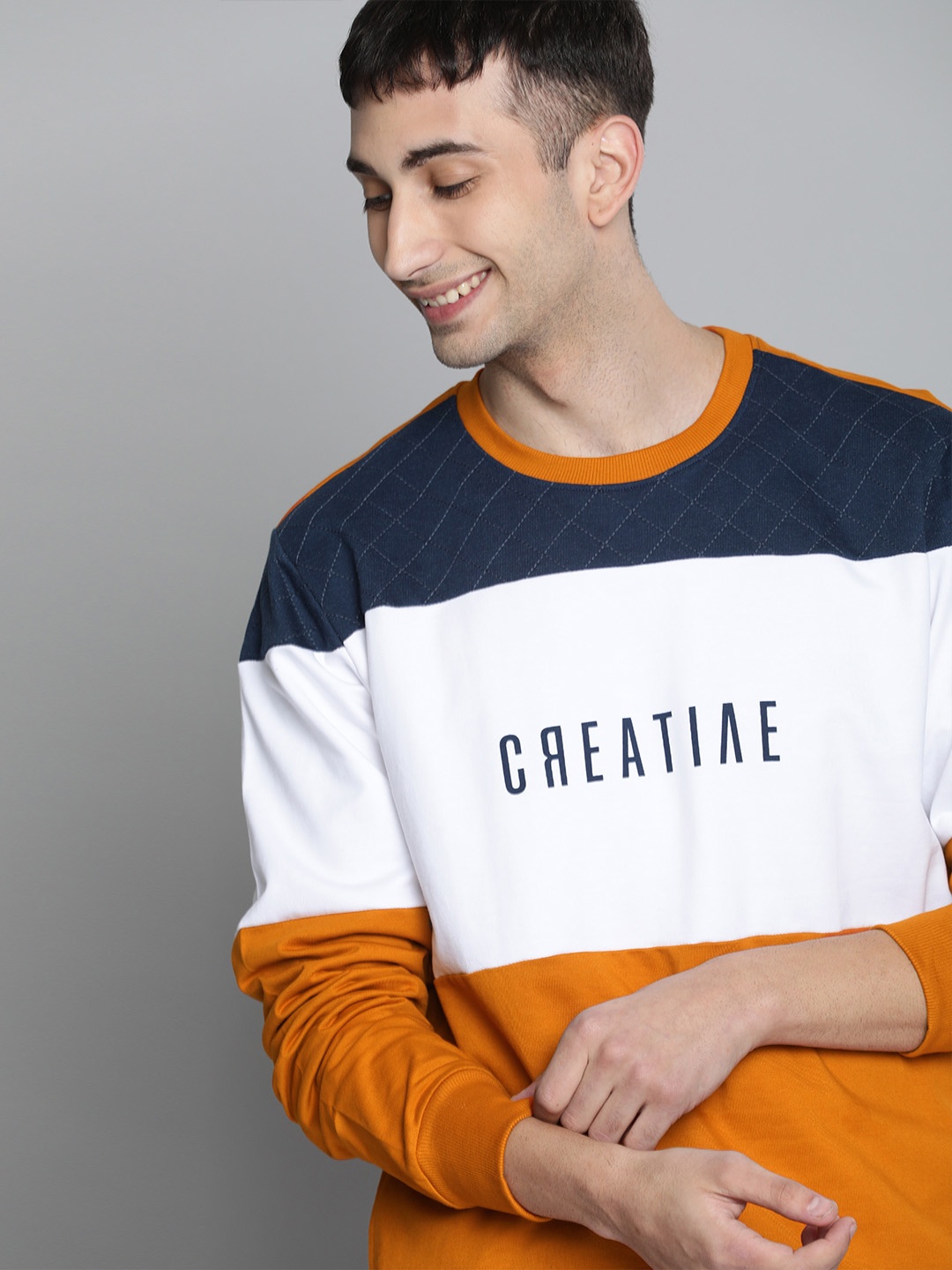

Mast & Harbour Men White & Mustard Yellow Colourblocked Sweatshirt