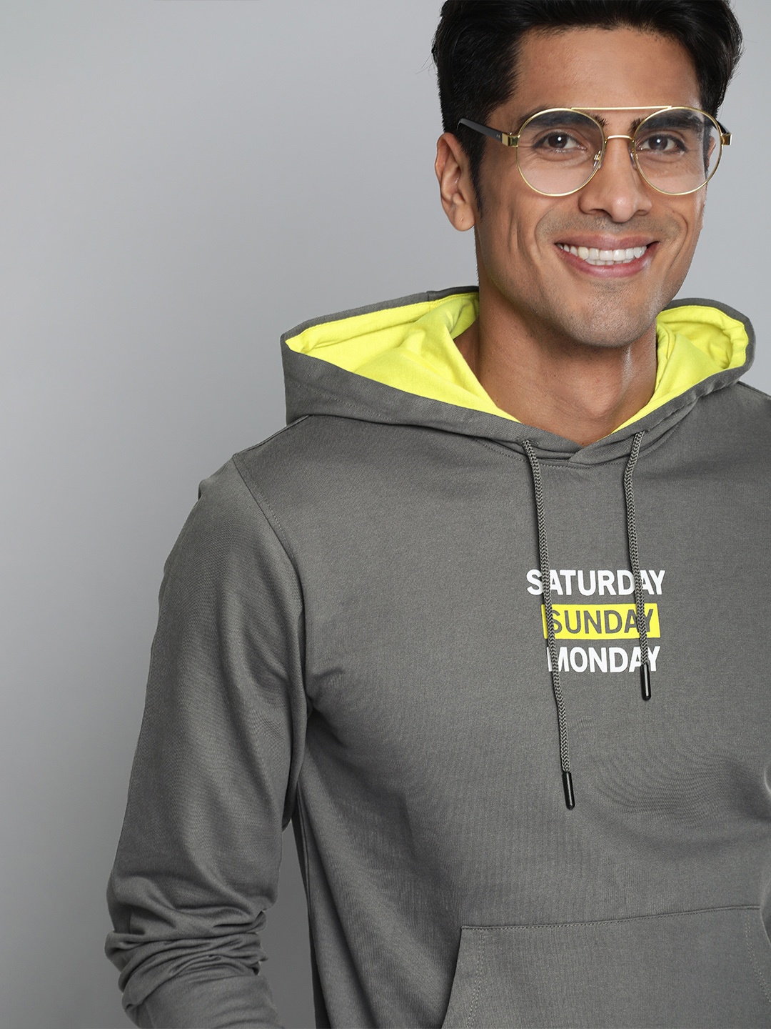 Mast & Harbour Men Grey & White Printed Hooded Sweatshirt