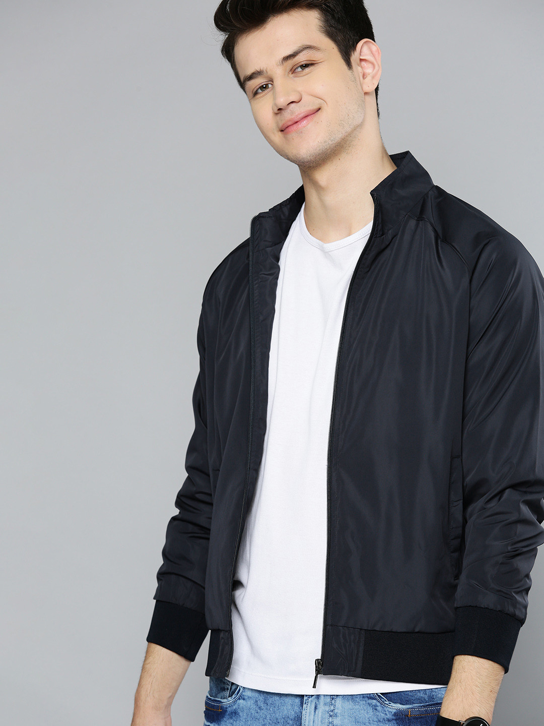 

Mast & Harbour Men Navy Blue Solid Lightweight Bomber Jacket
