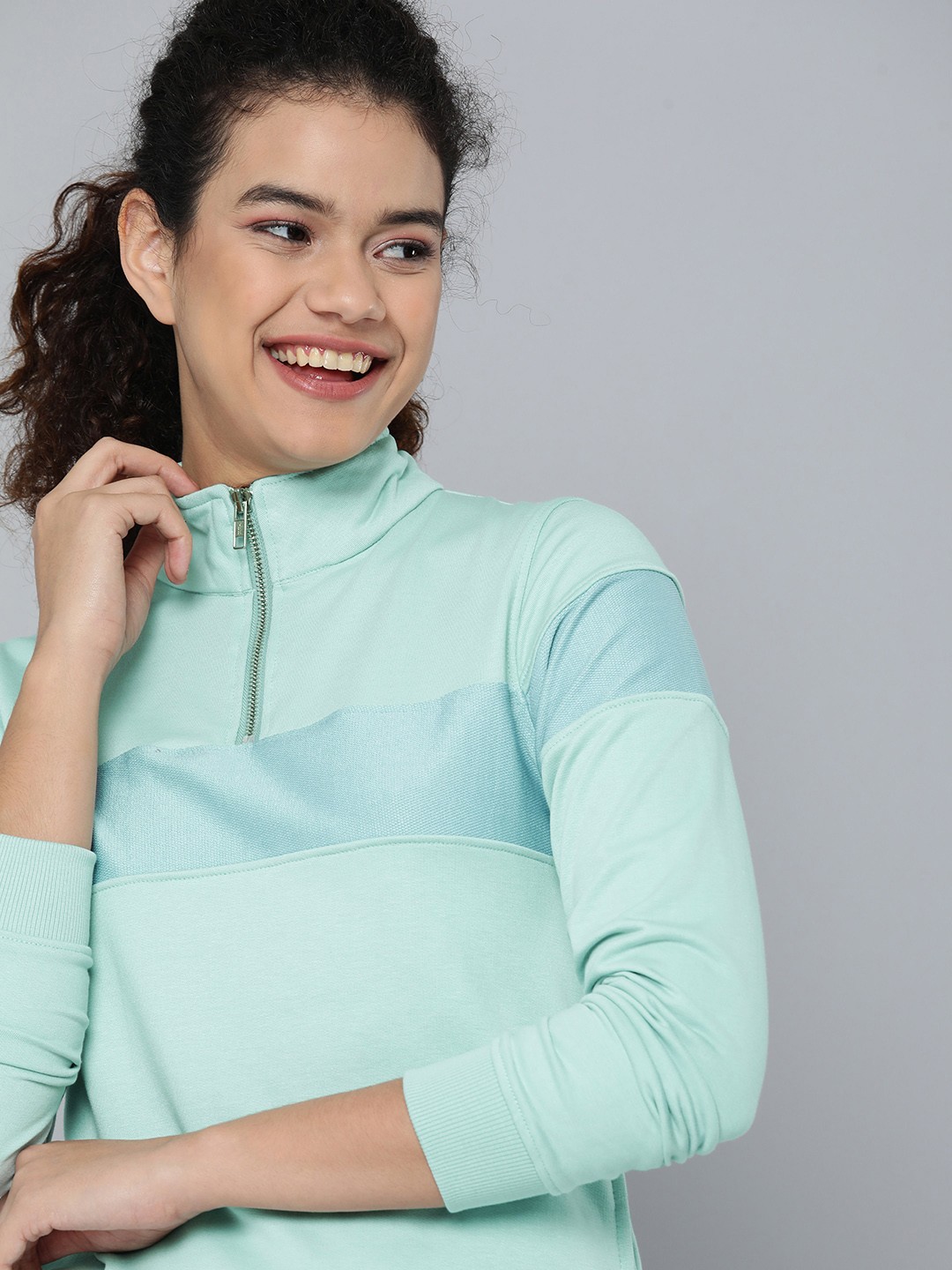

Mast & Harbour Women Mint Green Solid Half Zipper Sweatshirt
