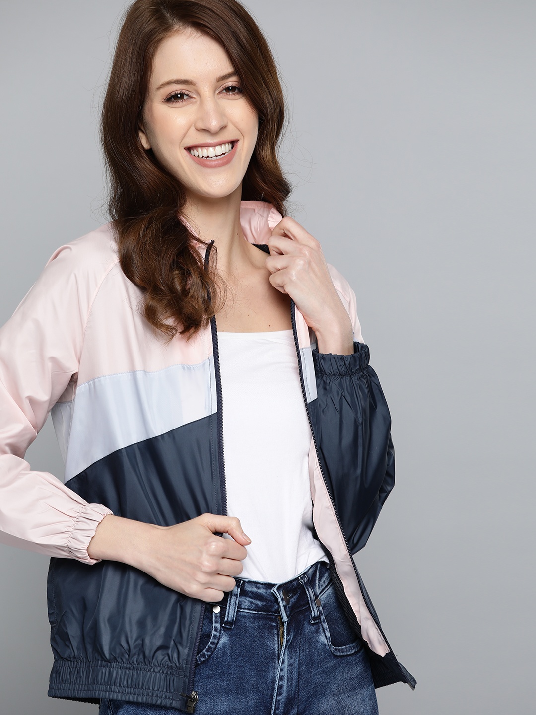 

Mast & Harbour Women Navy Blue & Pink Colourblocked Lightweight Bomber Jacket