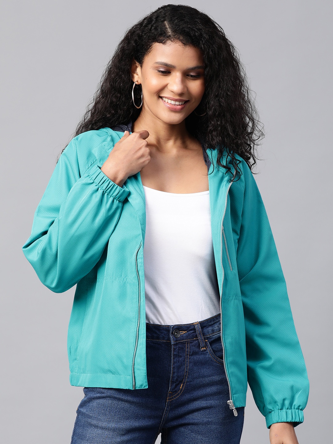 

Mast & Harbour Women Turquoise Blue Self Design Lightweight Tailored Jacket