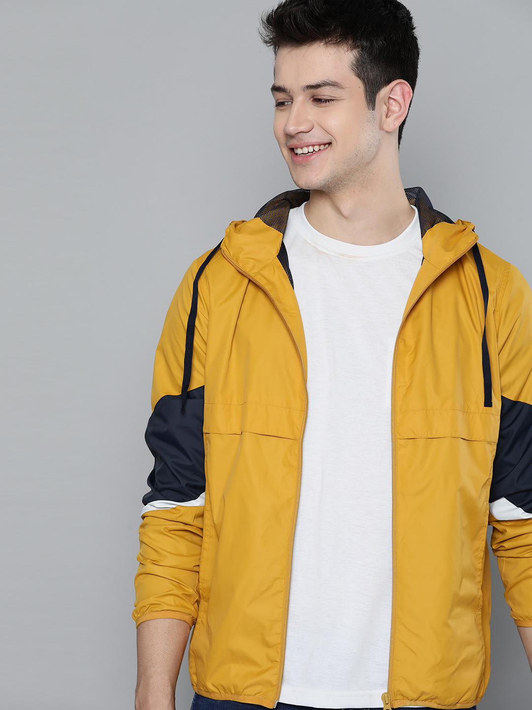

Mast & Harbour Men Mustard Yellow Solid Hooded Tailored Jacket