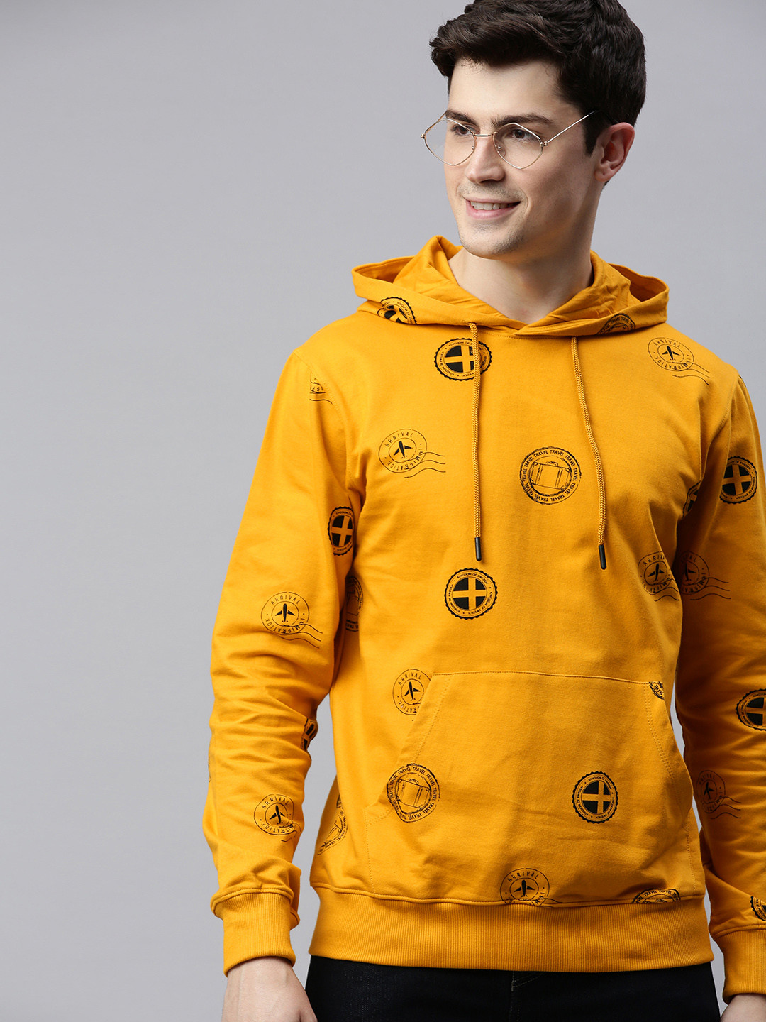 

Mast & Harbour Men Yellow Printed Hooded Sweatshirt
