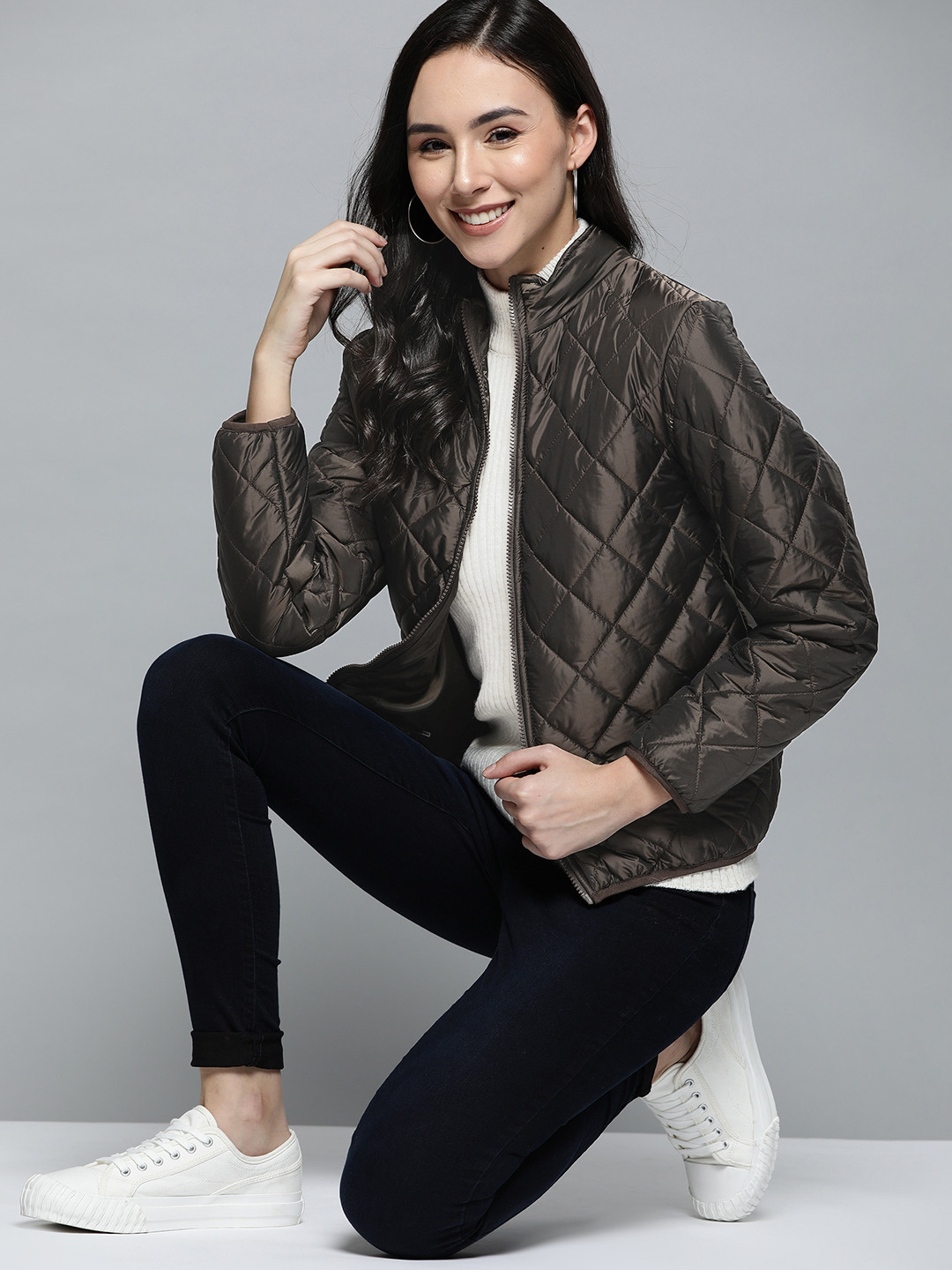 

Mast & Harbour Women Coffee Brown Solid Quilted Jacket