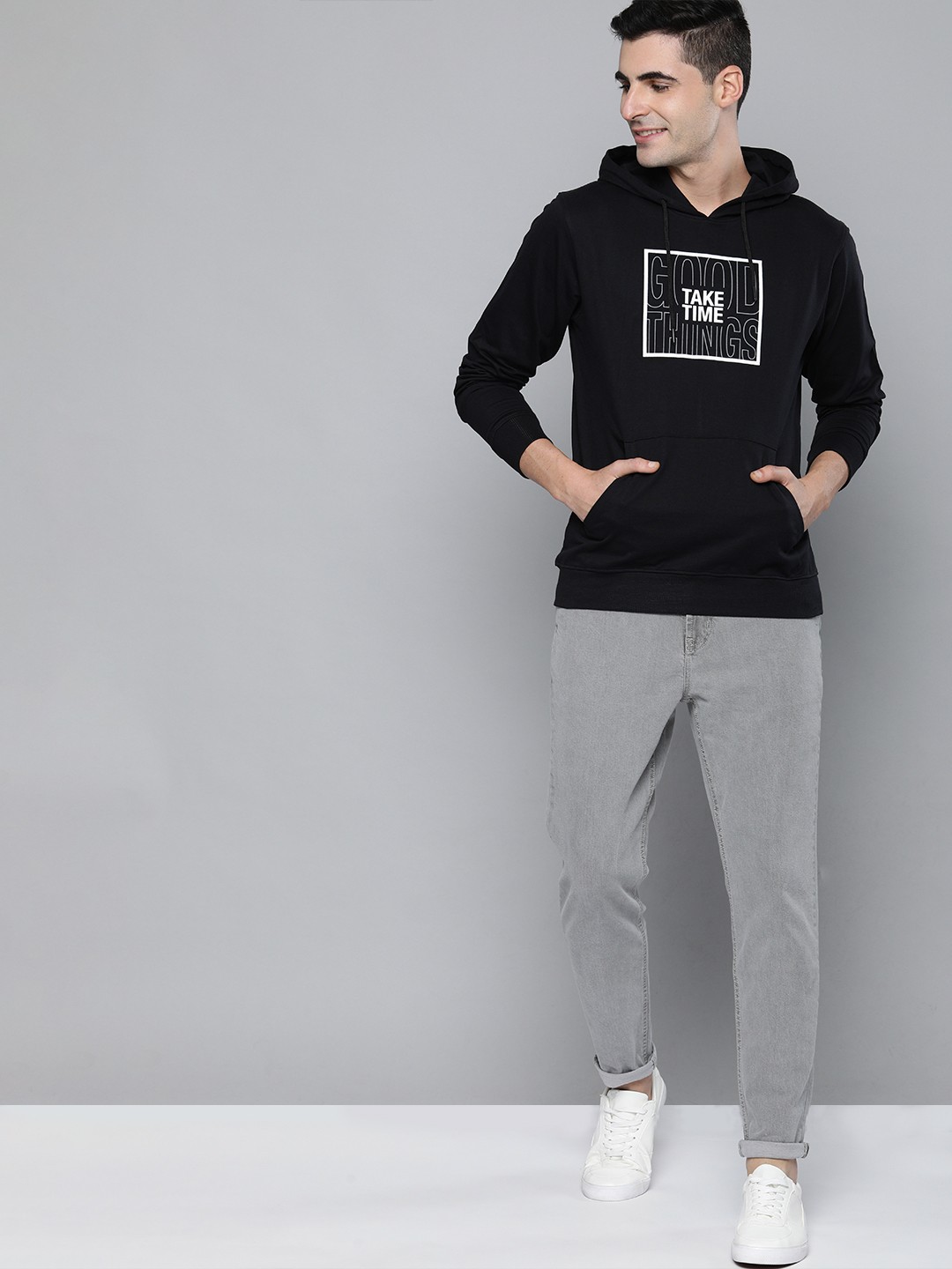 

Mast & Harbour Men Black Printed Hooded Sweatshirt
