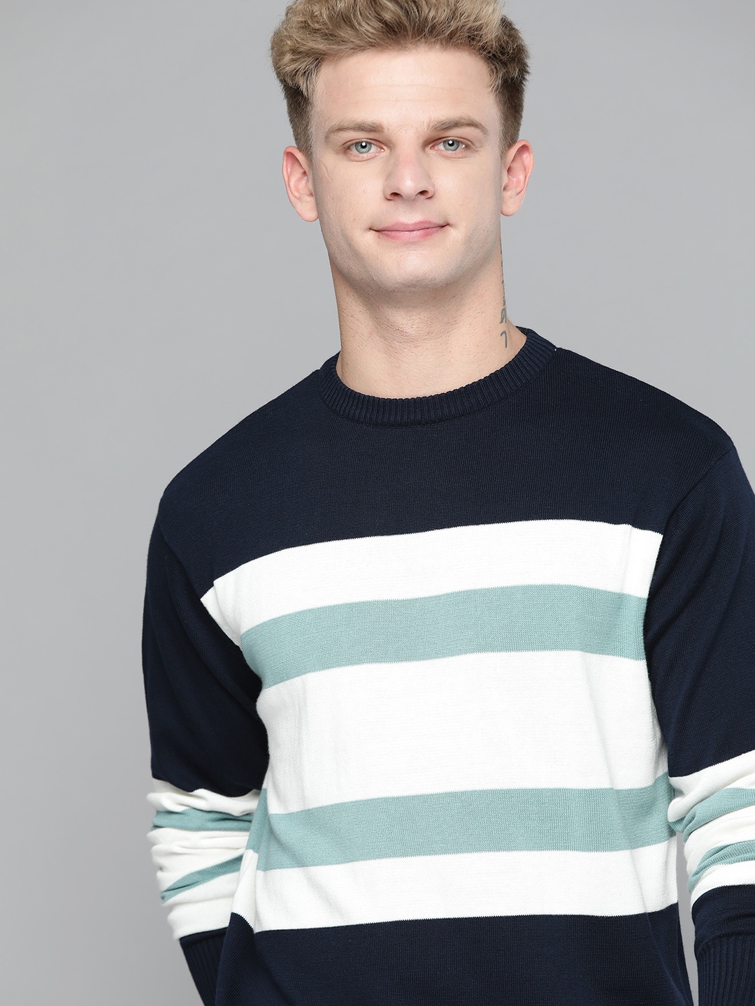 

Mast & Harbour Men Navy Blue Striped Pullover Sweater