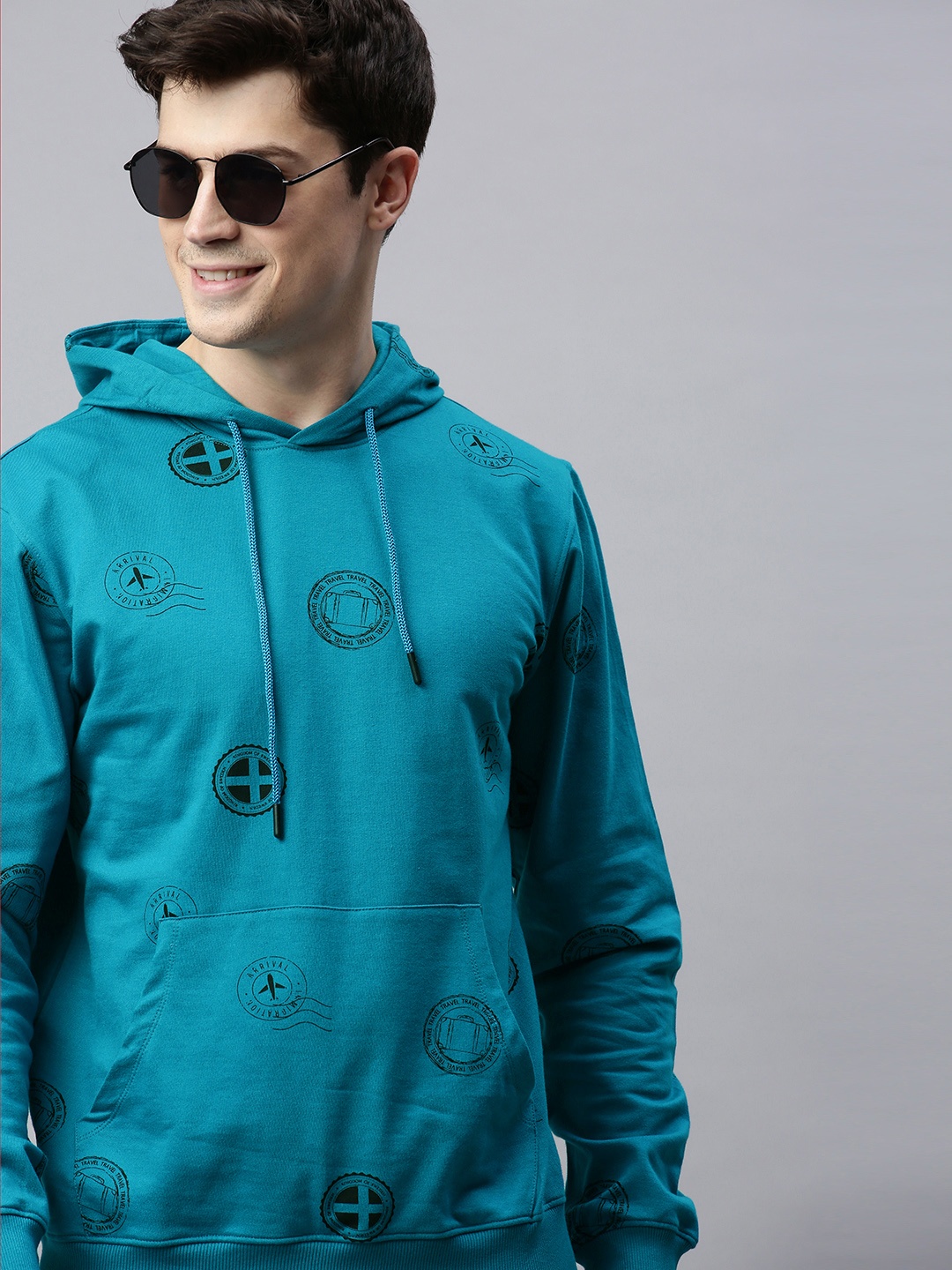 

Mast & Harbour Men Blue Printed Hooded Sweatshirt