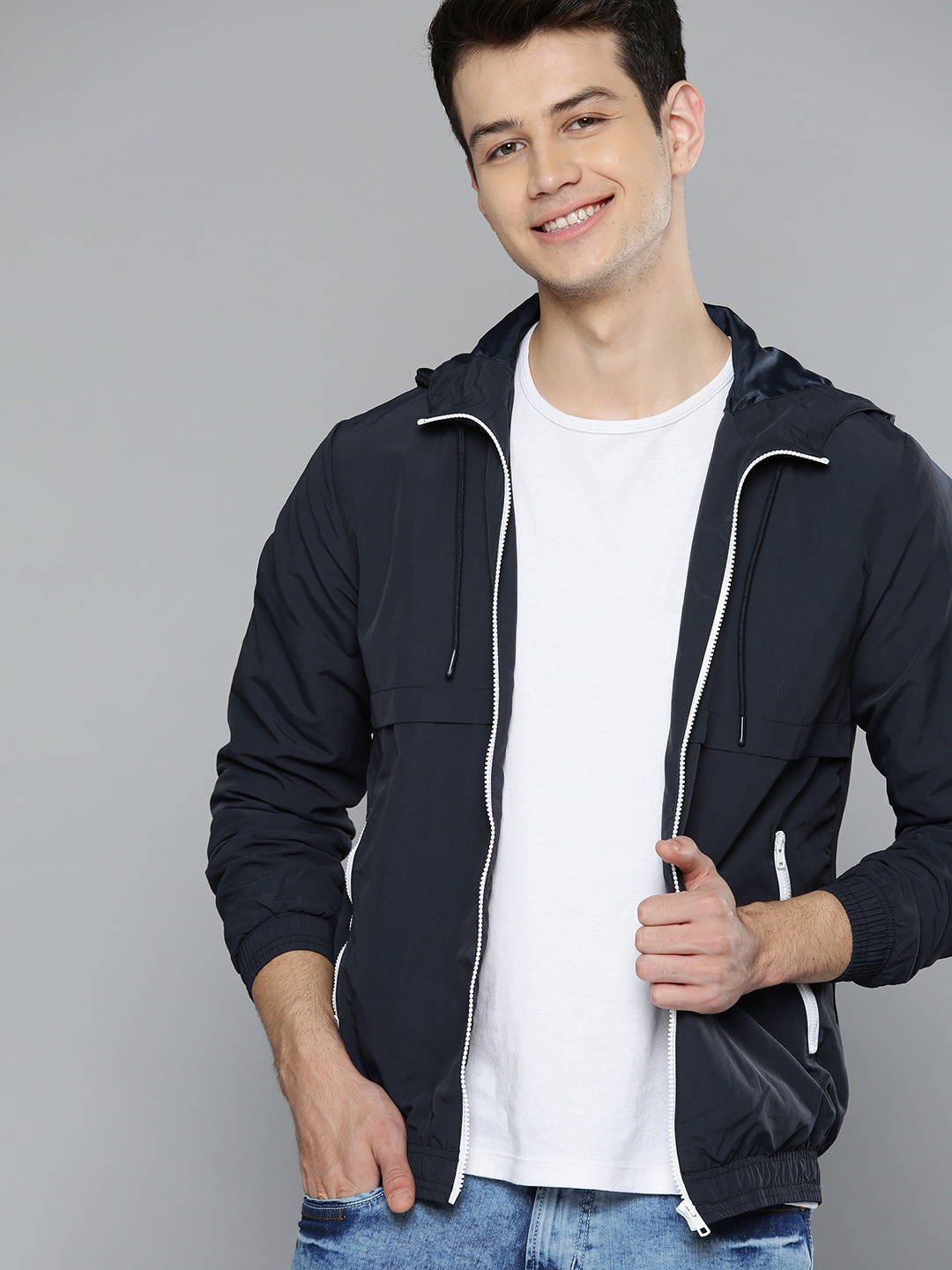 

Mast & Harbour Men Navy Blue Solid Hooded Lightweight Bomber Jacket