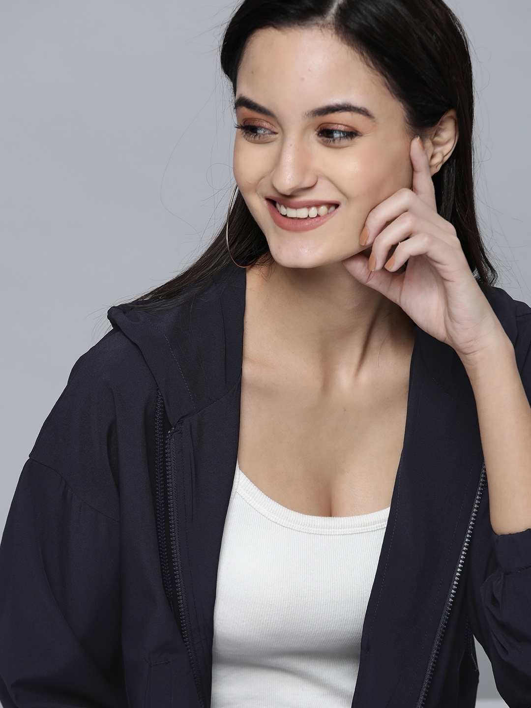 

Mast & Harbour Women Navy Blue Solid Hooded Lightweight Bomber Jacket