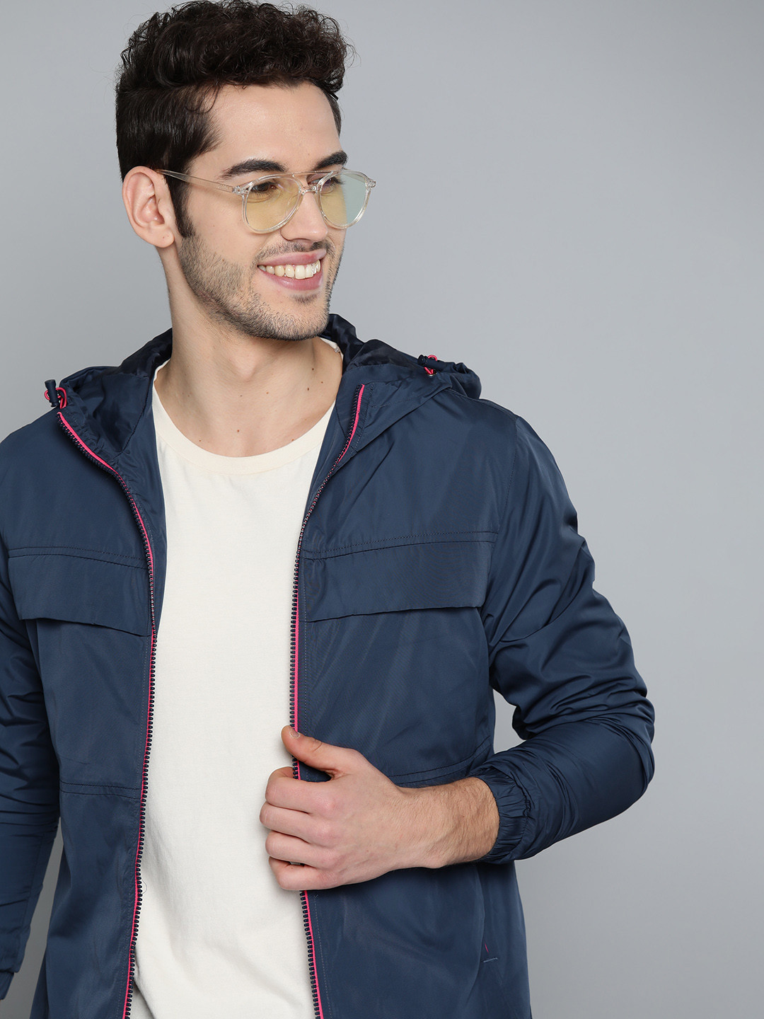 

Mast & Harbour Men Navy Blue Solid Hooded Bomber Jacket