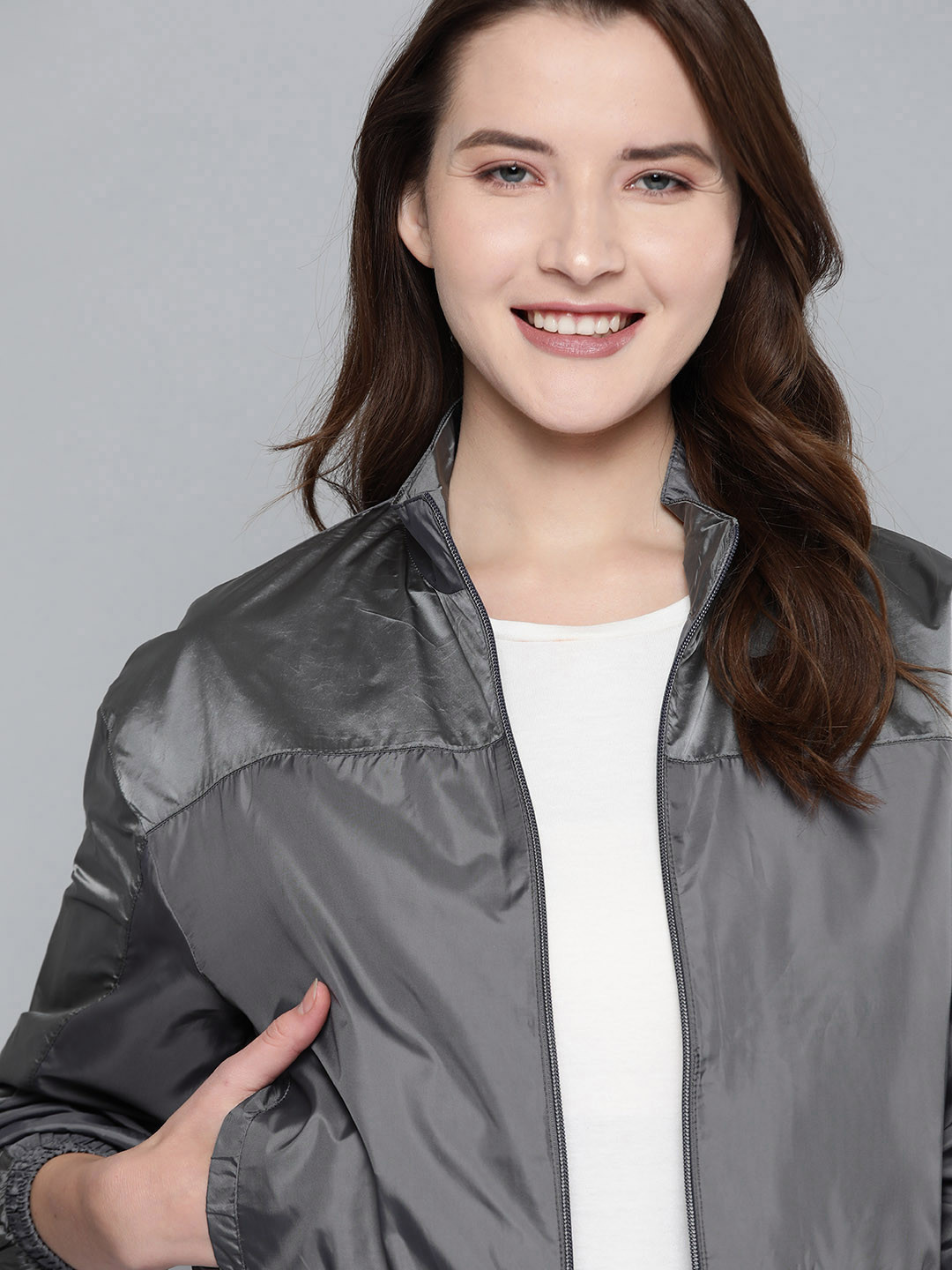 

Mast & Harbour Women Grey Solid Lightweight Bomber Jacket