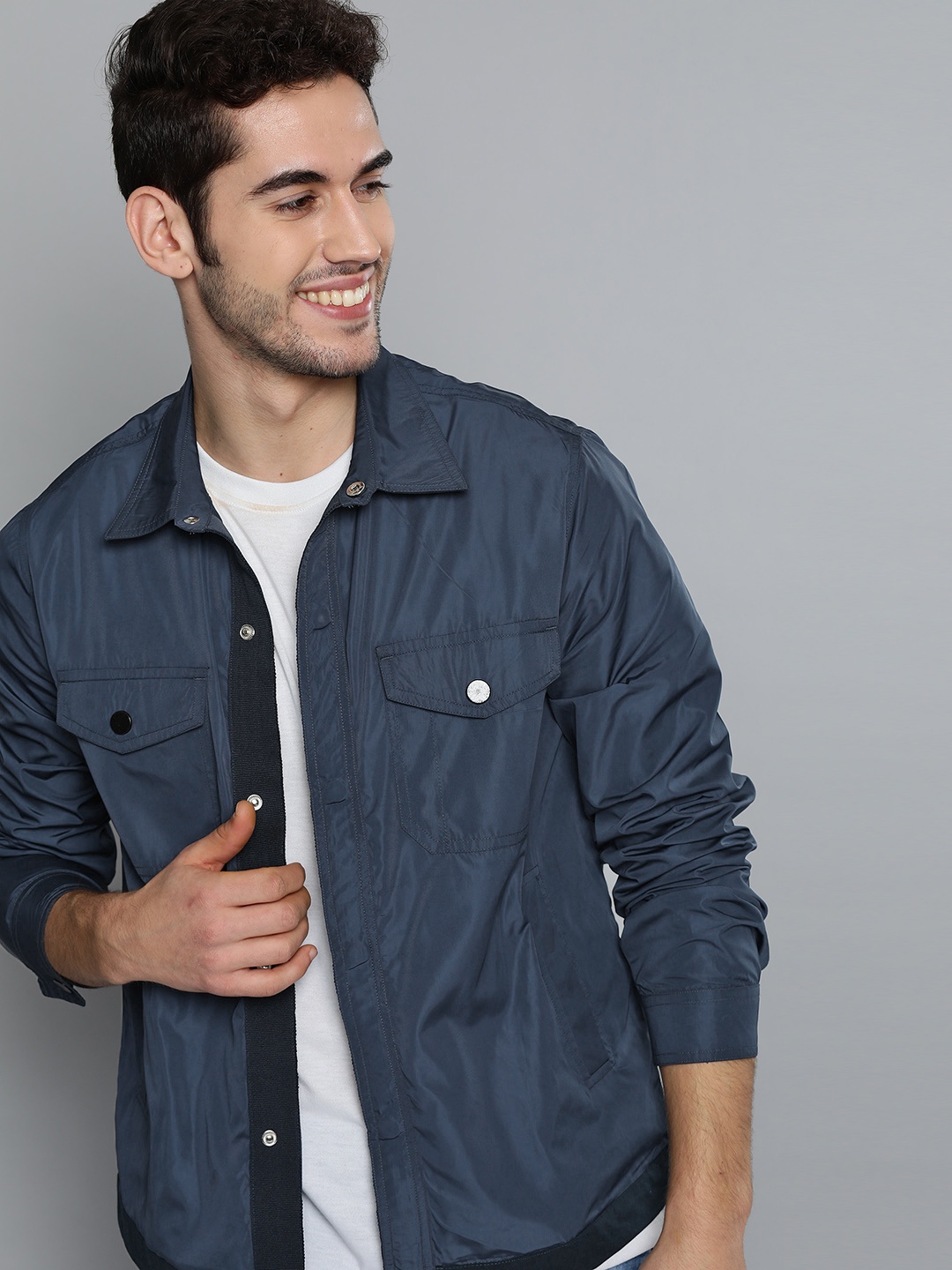 

Mast & Harbour Men Navy Blue Regular Fit Solid Casual Shacket