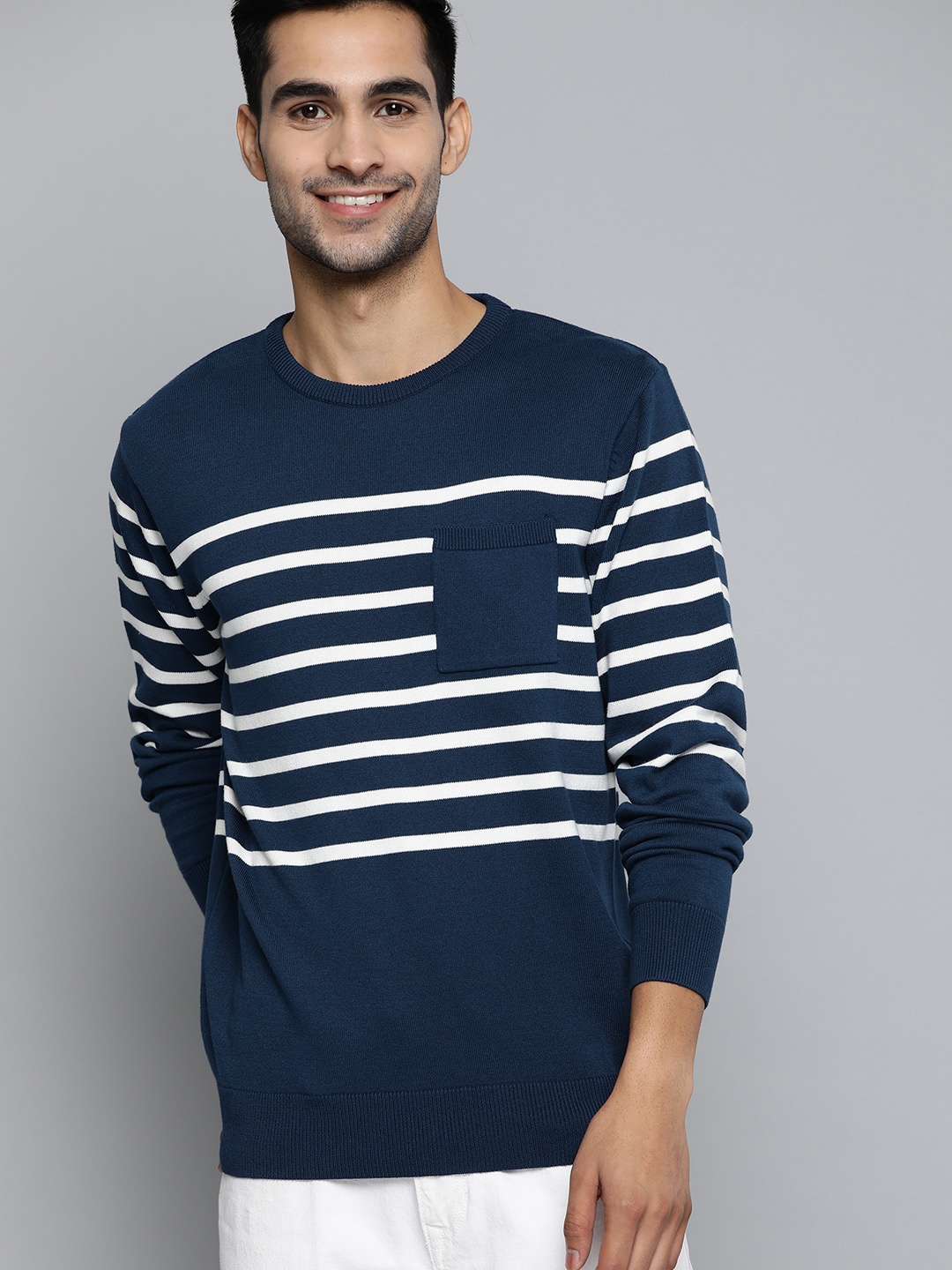 

Mast & Harbour Men Navy Blue & White Striped Pullover Sweater