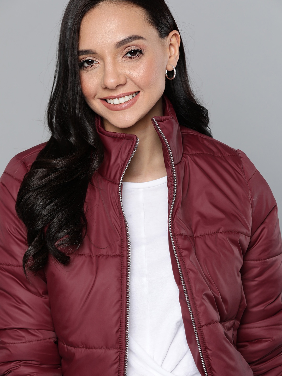 

Mast & Harbour Women Burgundy Solid Crop Bomber jacket