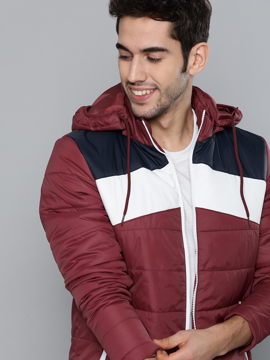 

Mast & Harbour Men Maroon & White Striped Padded Jacket with Detachable Hood