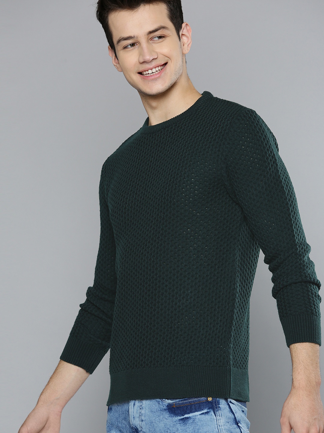 

Mast & Harbour Men Teal Blue Self Design Pullover