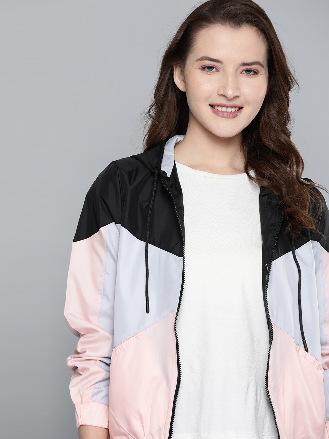 

Mast & Harbour Women Pink & Black Colourblocked Lightweight Hooded Bomber Jacket