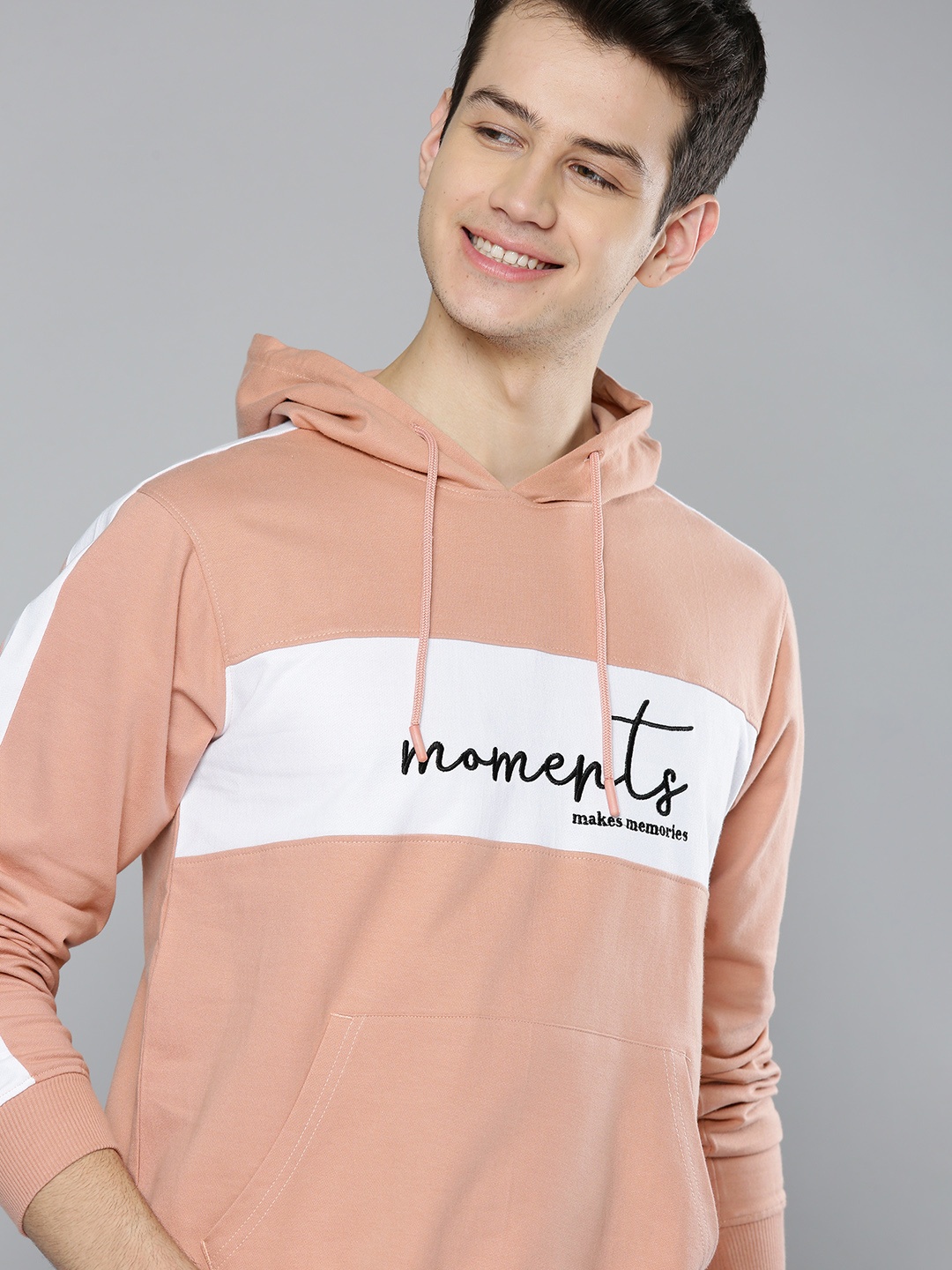 

Mast & Harbour Men Dusty Pink & White Colourblocked Hooded Sweatshirt
