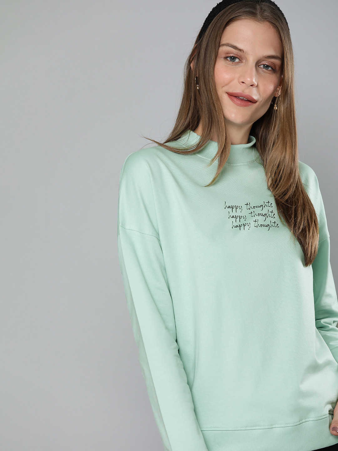 

Mast & Harbour Women Turquoise Blue Boxy Solid Pullover Sweatshirt with Printed Detail