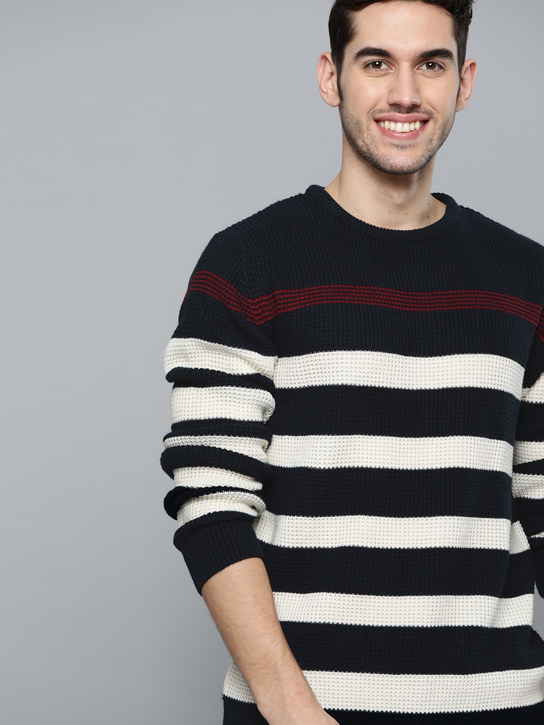 

Mast & Harbour Men Black Striped Pullover Sweater