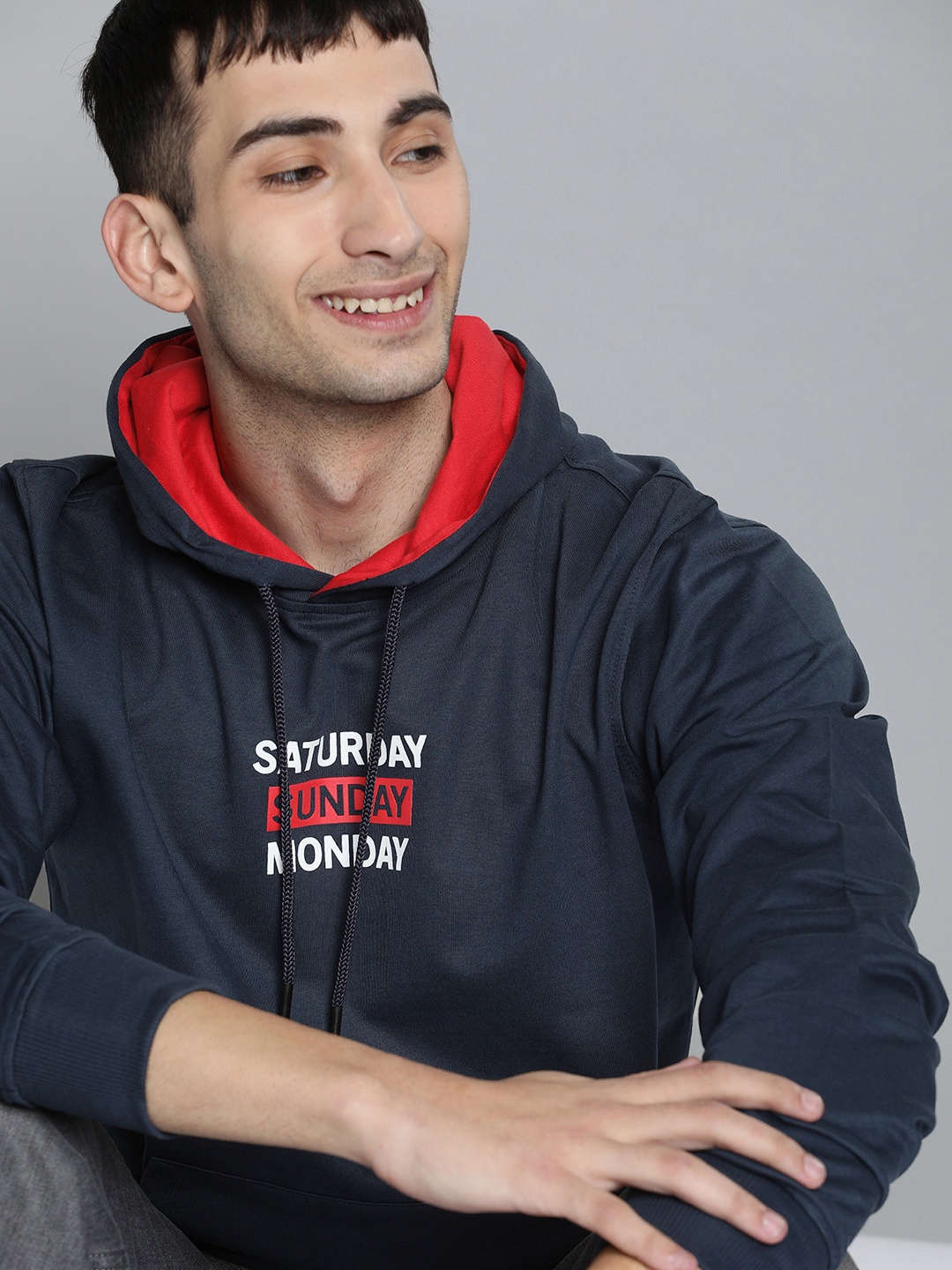 

Mast & Harbour Men Navy Blue & White Printed Hooded Sweatshirt