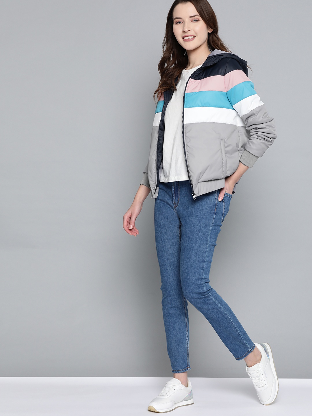 

Mast & Harbour Women Grey & Navy Blue Striped Bomber Jacket
