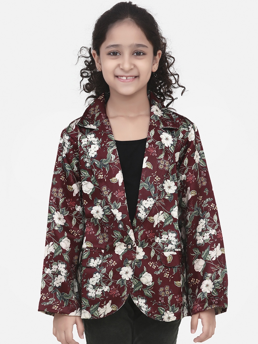 

LilPicks Girls Maroon & Off-White Floral Digital Printed Single-Breasted Blazer