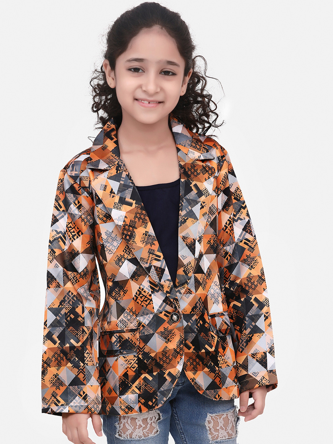 

LilPicks Girls Orange & Grey Aztec Digital Printed Single-Breasted Blazer