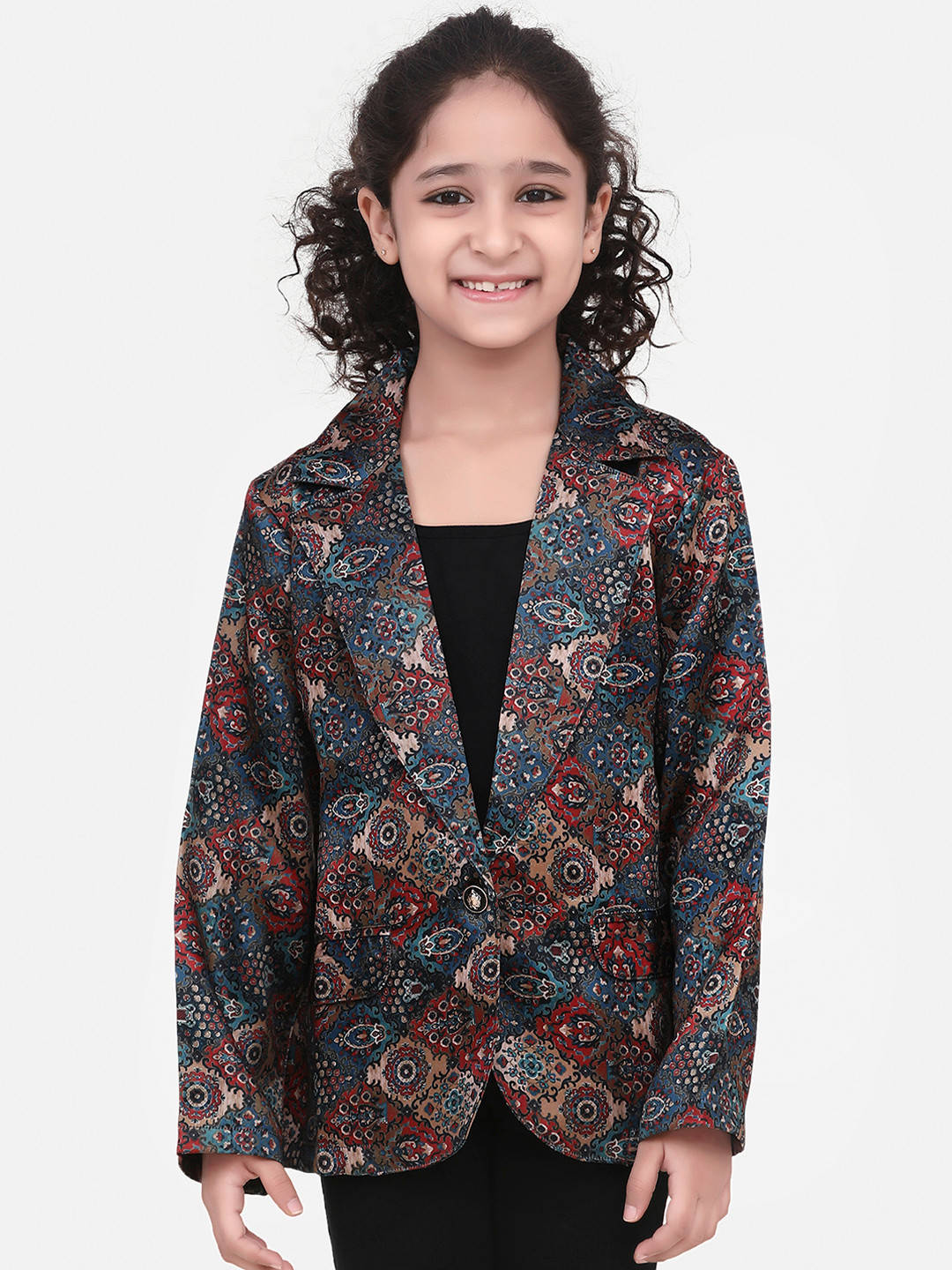 

LilPicks Girls Teal Blue & Maroon Vintage Digital Printed Single-Breasted Blazer