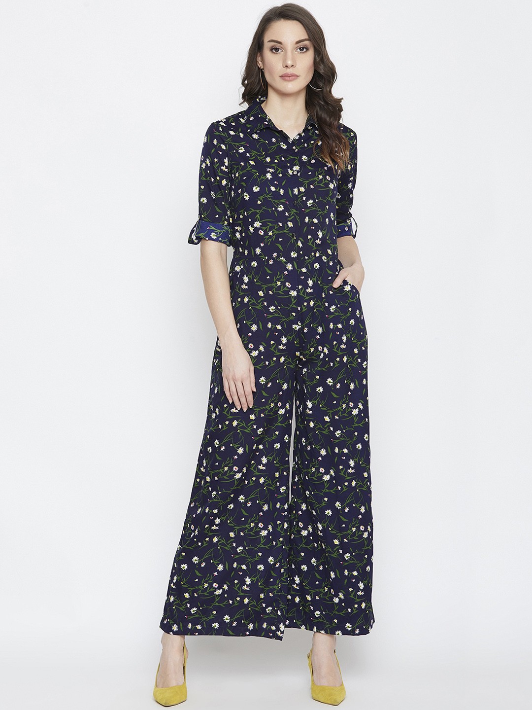 

PURYS Women Navy Blue & Green Printed Basic Jumpsuit