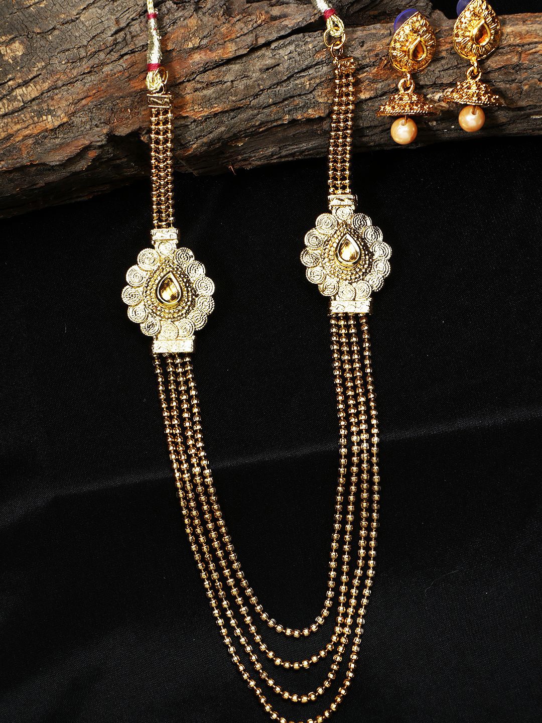 

ANIKAS CREATION Gold-Plated Beige Stone-Studded Ball Chain-Style Multilayer Jewellery Set