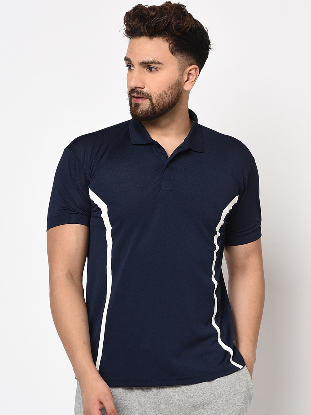 

ARMISTO Men Navy Blue & White Striped Polo Collar DRI-FIT T-shirt