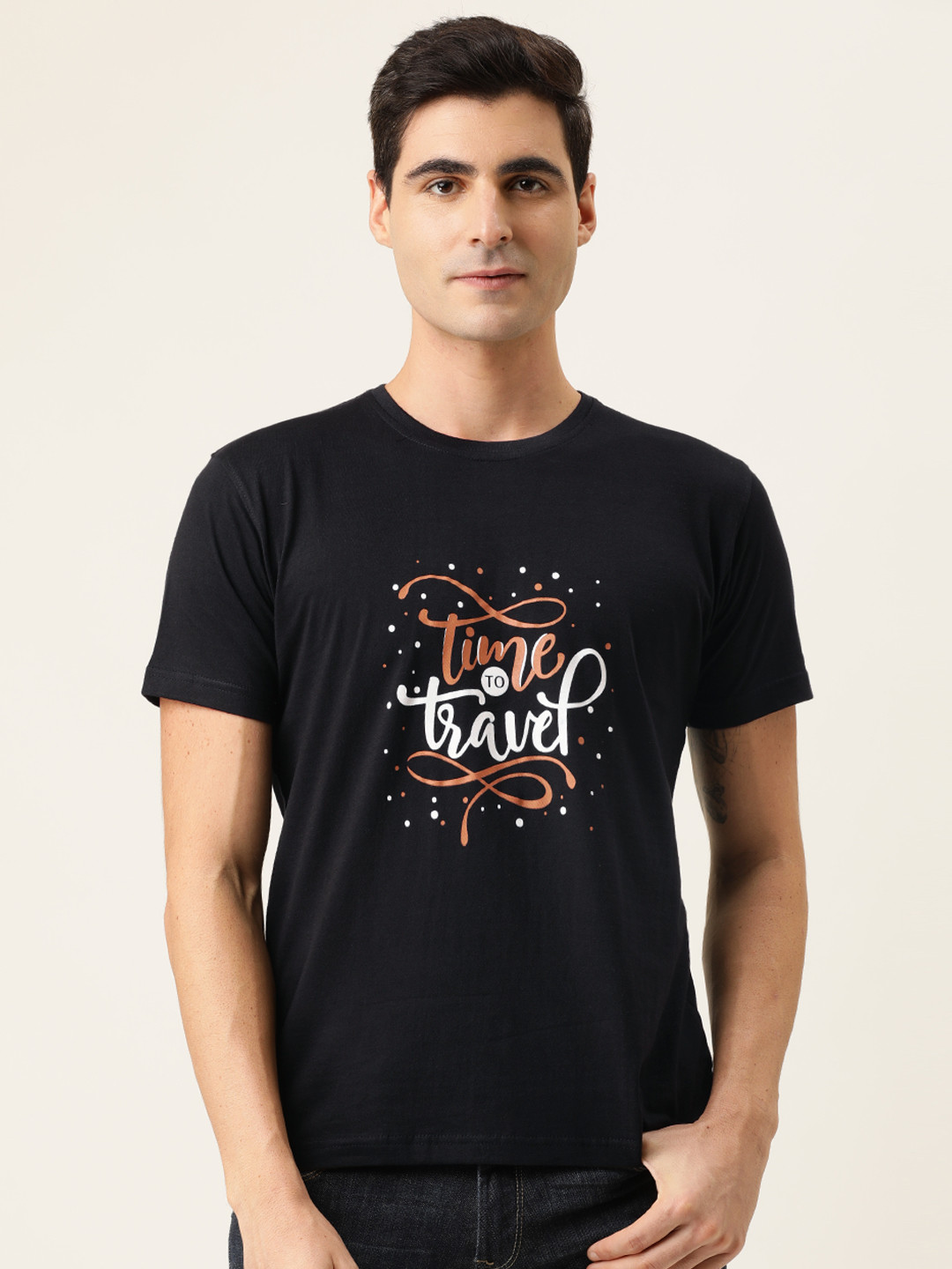 

BE AWARA Men Black Typography Printed Round Neck Pure Cotton T-shirt
