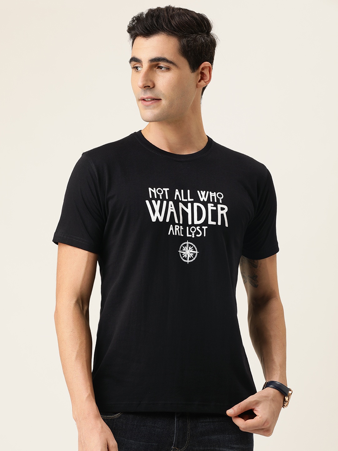 

BE AWARA Men Black Typography Printed Round Neck Pure Cotton T-shirt
