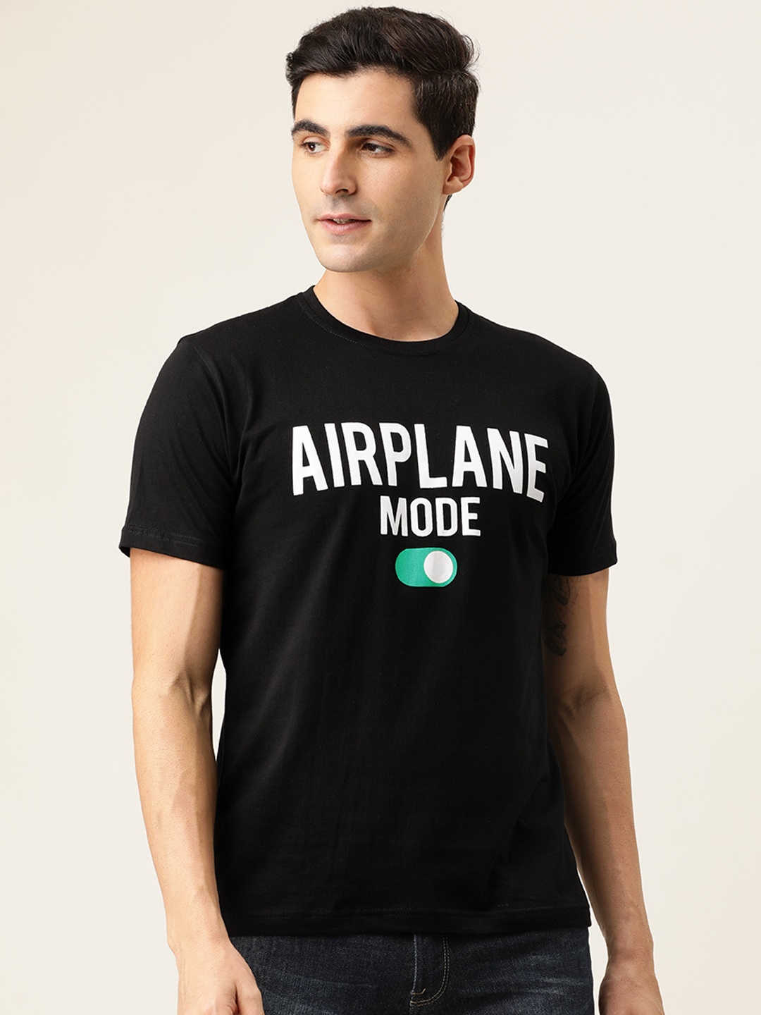 

BE AWARA Men Black Typography Printed Round Neck Pure Cotton T-shirt