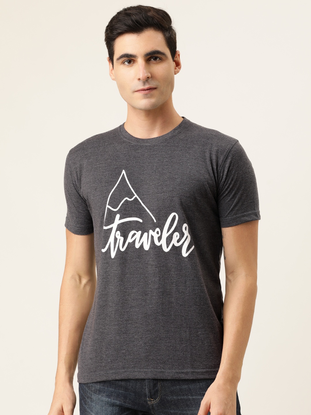 

BE AWARA Men Charcoal Grey Printed Round Neck Pure Cotton T-shirt
