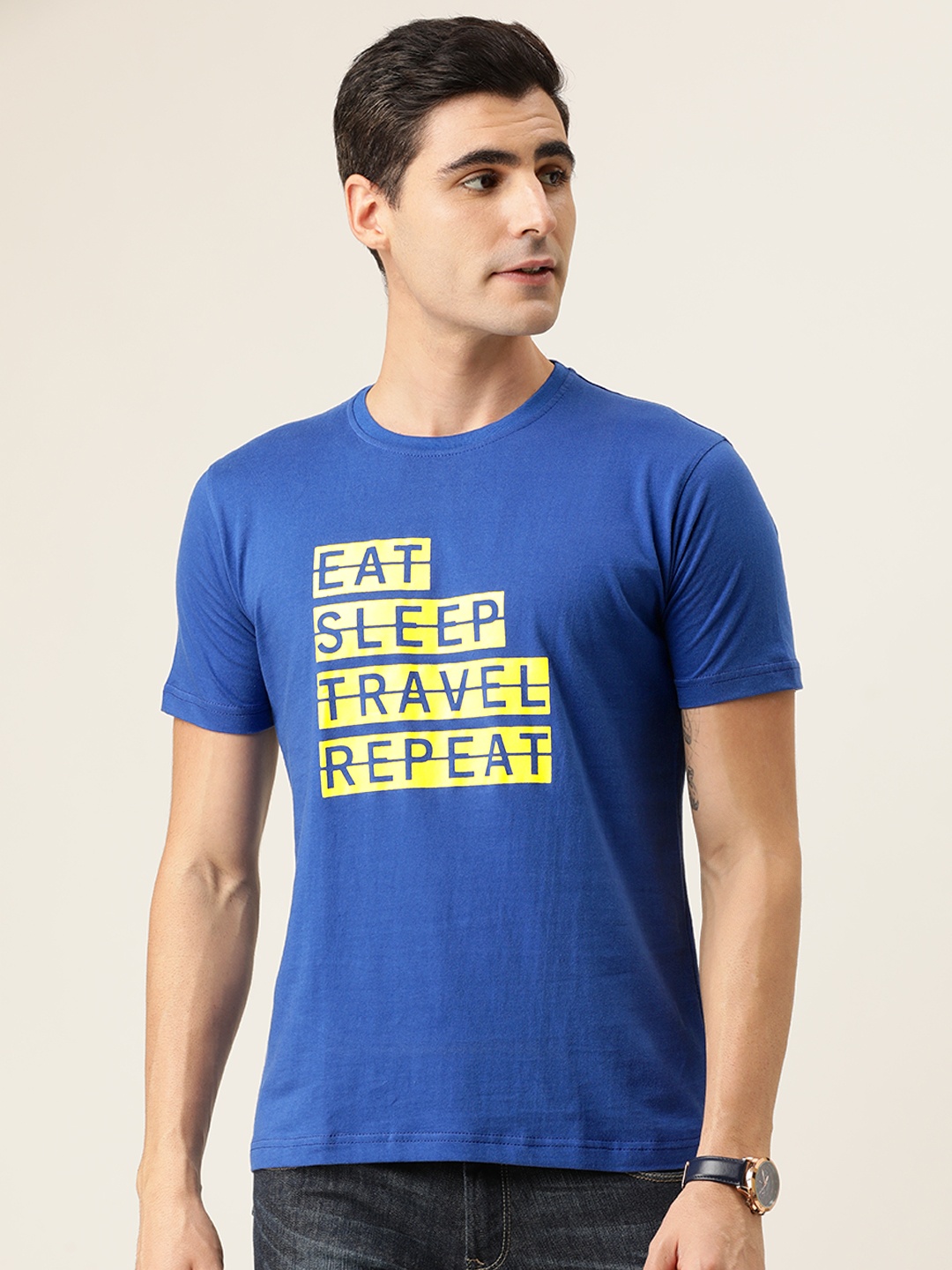 

BE AWARA Men Blue Typography Printed Round Neck Pure Cotton T-shirt
