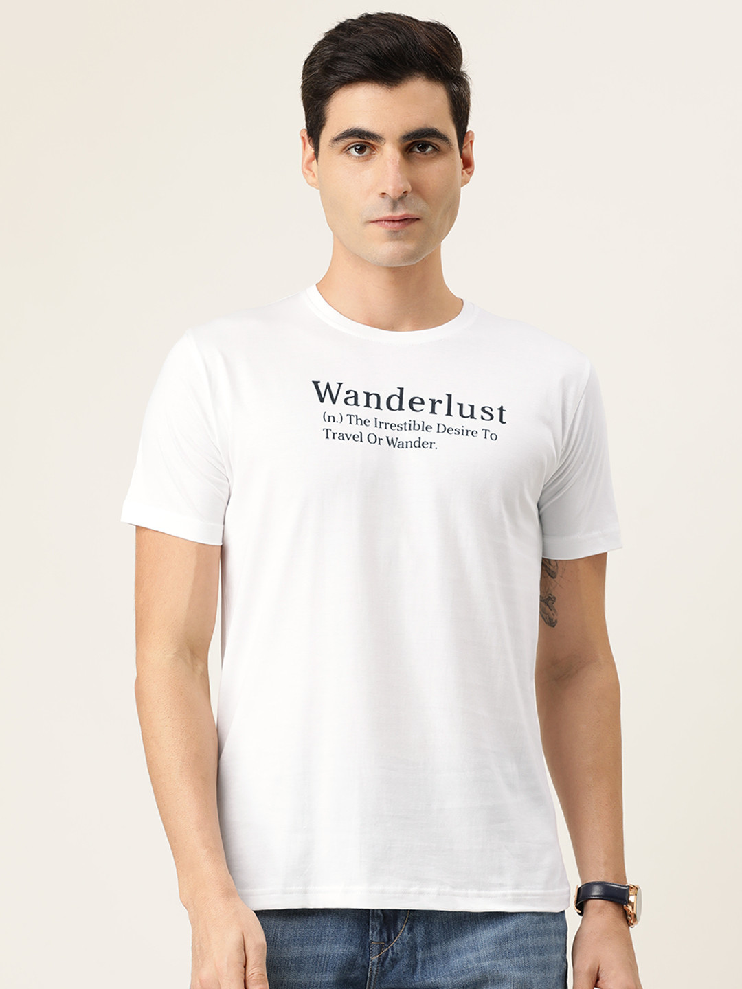 

BE AWARA Men White & Black Printed Round Neck T-shirt