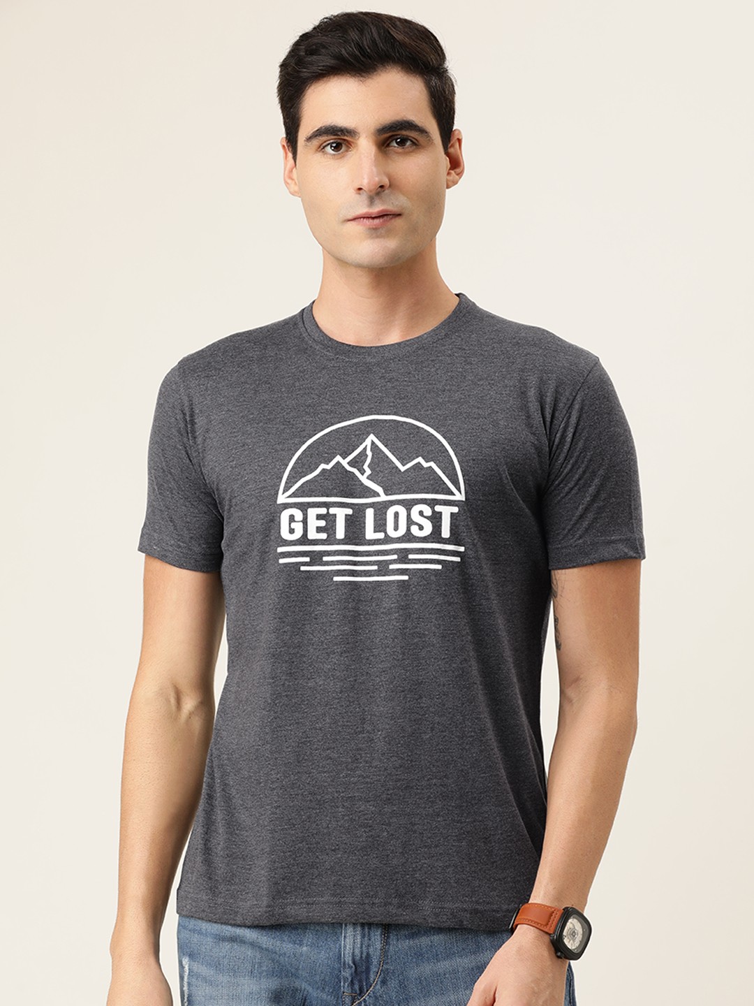 

BE AWARA Men Charcoal Grey & White Printed Round Neck T-shirt