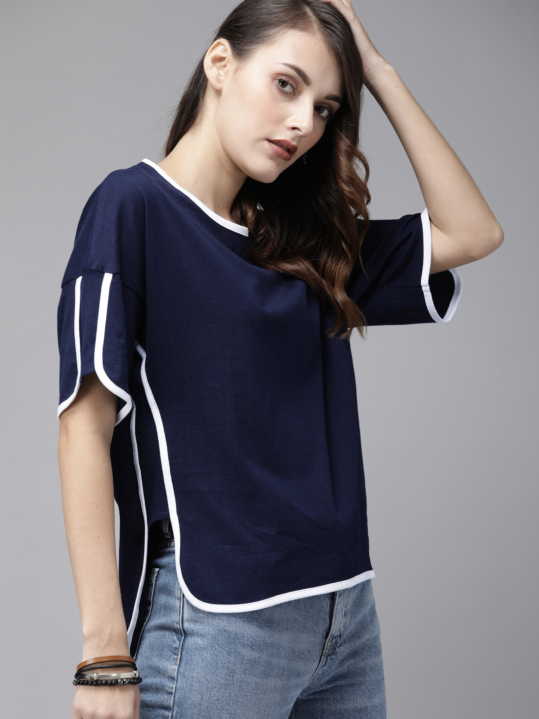 

Roadster Women Navy Blue Solid Round Neck Pure Cotton T-shirt with Contrast Taping